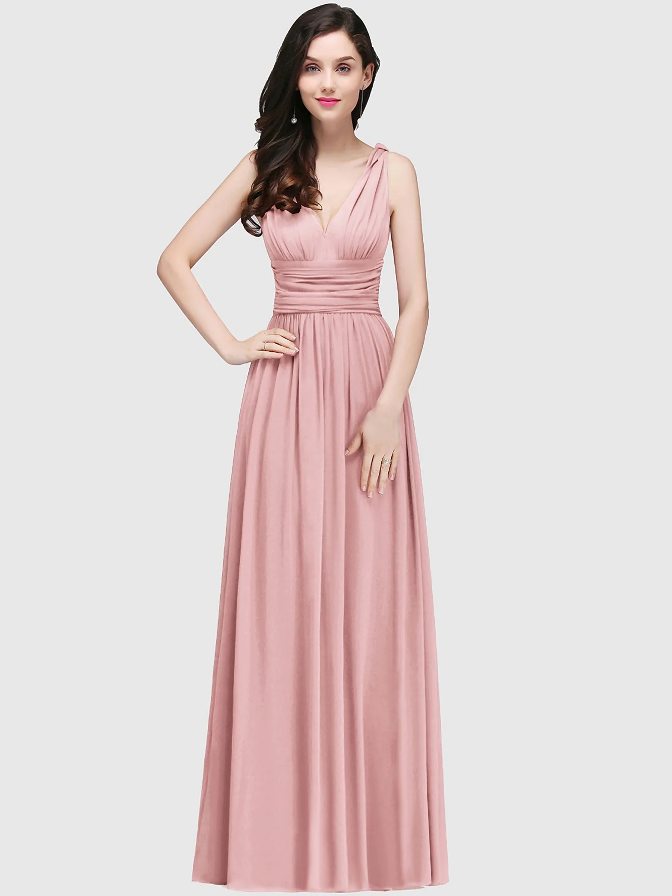 Elegant V Neck Long Evening Dresses Summer Chiffon Ruched Sleeveless Blue Pink Formal Wedding Party Prom Gowns Vestido De Fiesta