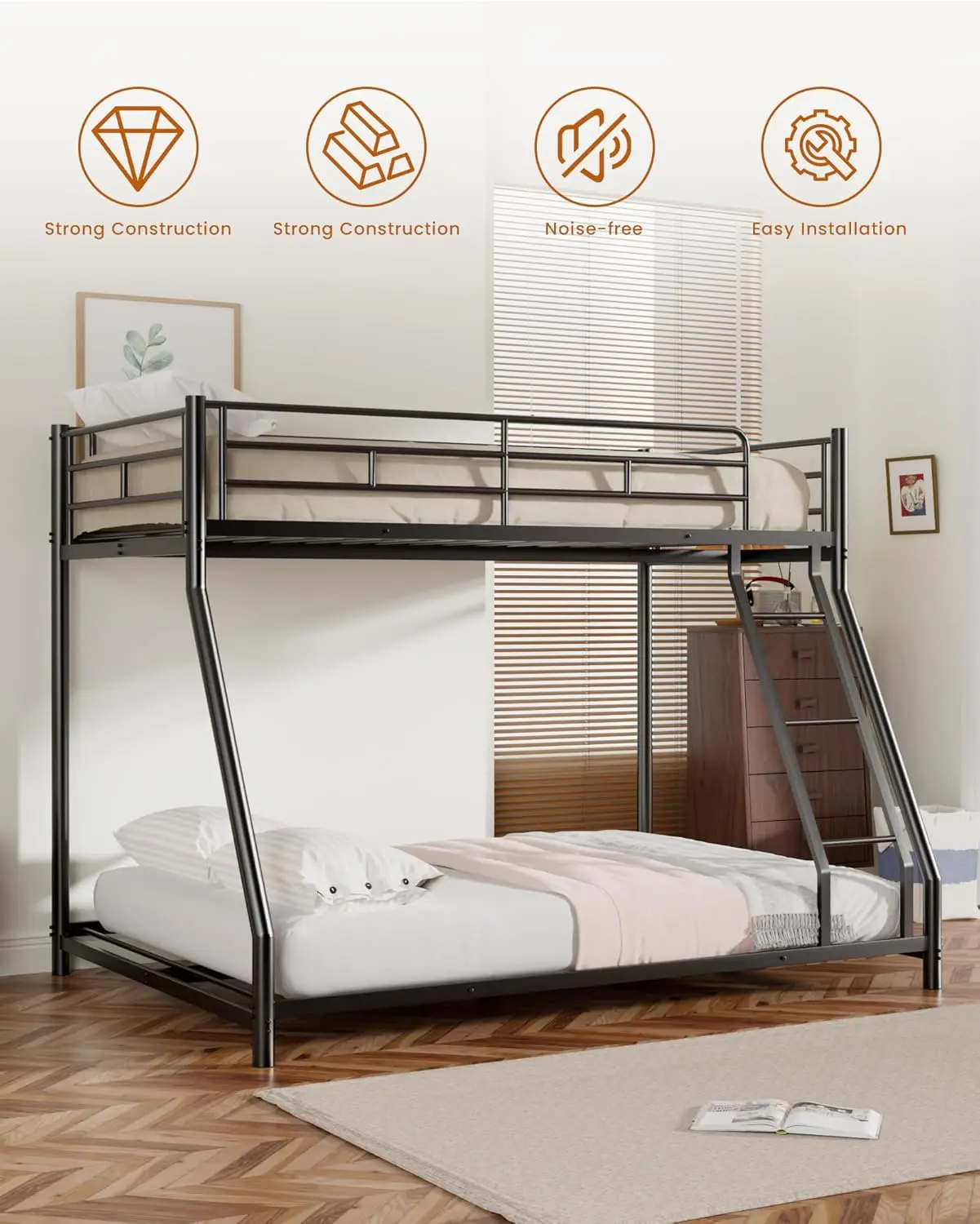 سرير مزدوج بطابقين كامل، إطار معدني شديد التحمل، سلم EVA، درابزين كاملة، أسود