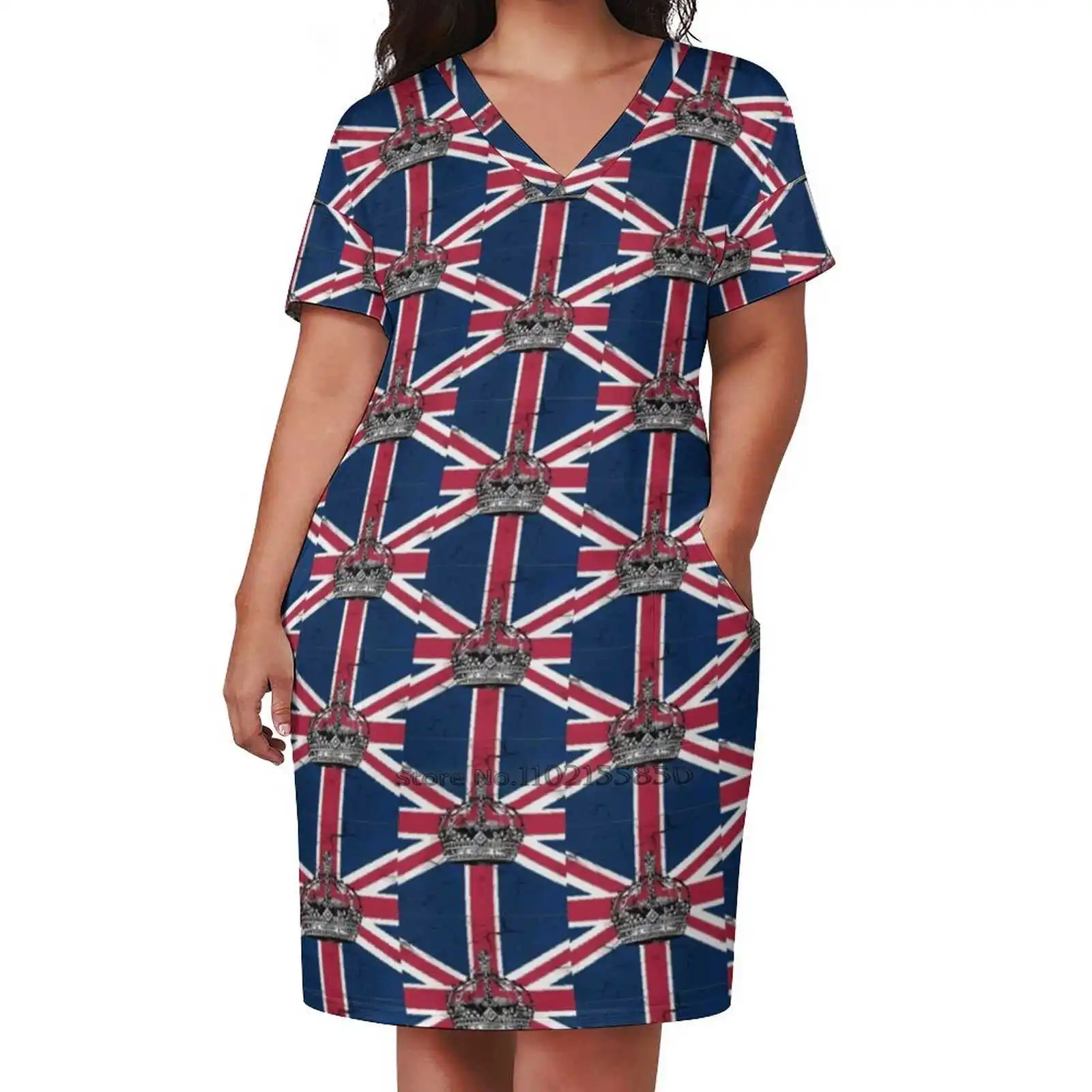 British Jack Flag Jubilee Vintage Crown Loose Pocket Dress Fashion Print Dress Short Sleeve V-Neck A-Line Dress Jack Flag Great