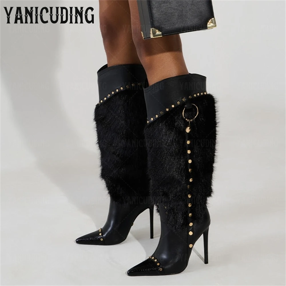 Black Fur Embellished Knee Boots Faux Snakeskin Paneling Sexy Boots Metallic Rivet Embellished Smooth Faux Leather Women Boots