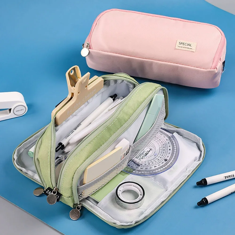 Large Capacity Square Pencil Case Student Stationery Bag Macaron Colors Double Opening Window Resistant to Dirt Fashion Style