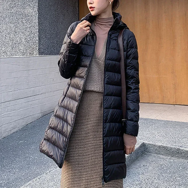 Remove Hooded Parka Solid Color Female Long Light Thin Outerwear Lady Fashion Warm Puffer Jackets Winter Women Slim Down Coats