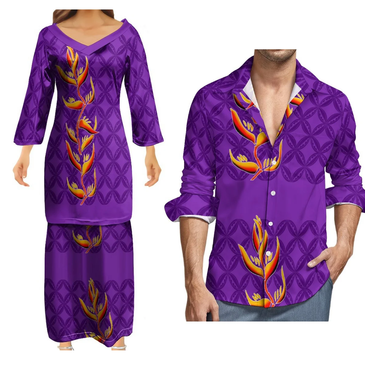 

Women'S Long-Sleeved V-Neck Dress Pletasi Dress With Men'S Long-Sleeved Shirt 9xl Polynesian Couple Suit