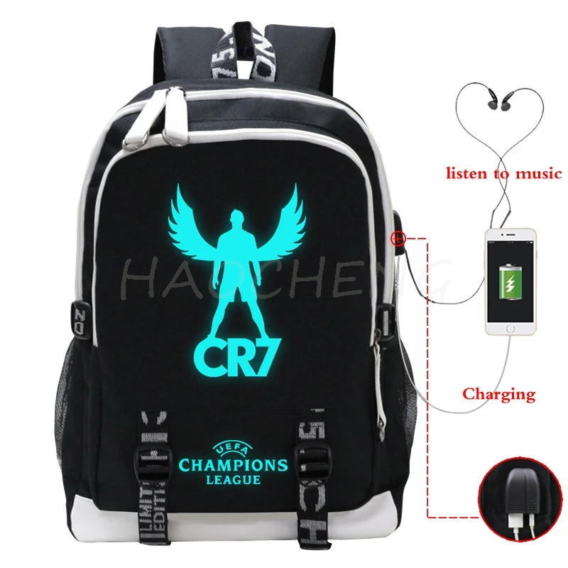 Football CR7 Luminous Print School Book Bags USB Large Capacity Teenagers Student Schoolbags Women Men Laptop Travel Backpack