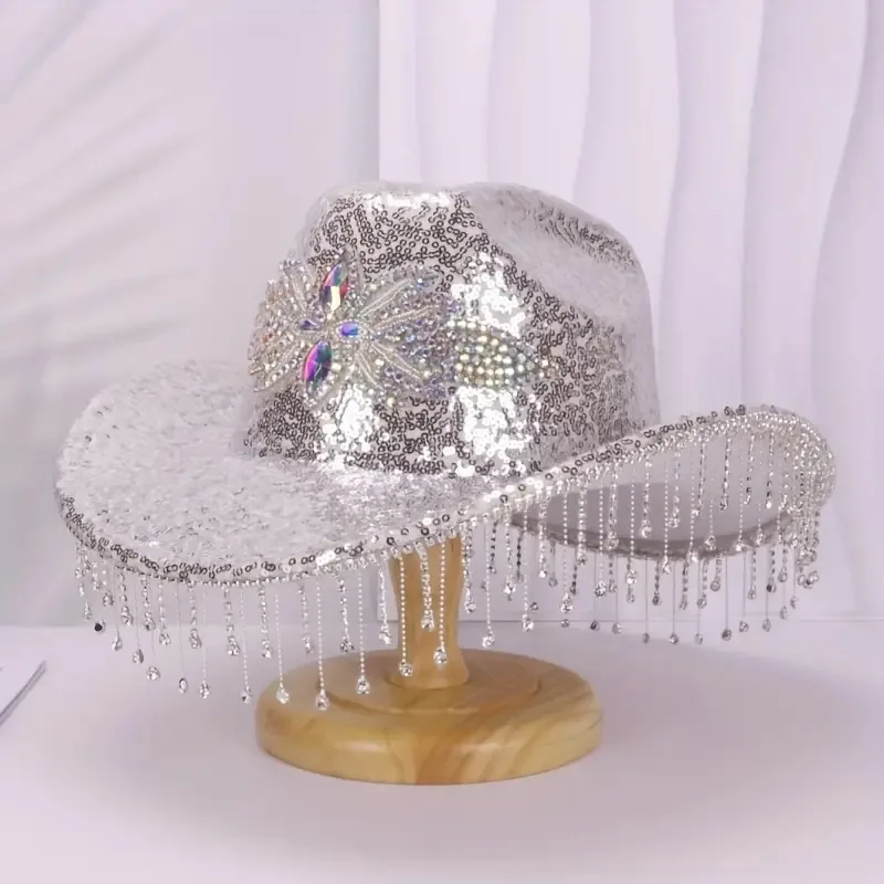 HongLuan Golden Glitter Costume Hat Adult & Cowboy Hats Rhinestone for Woman, Cowboy Cosplay Female Accessories & Cowgirl Cap