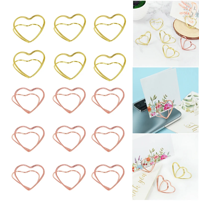 

15pcs Rose Gold Bookmark Photo Clips Heart Shaped Metal Paper Clips Wedding Place Card Holder Table Numbers Holder Desktop Decor