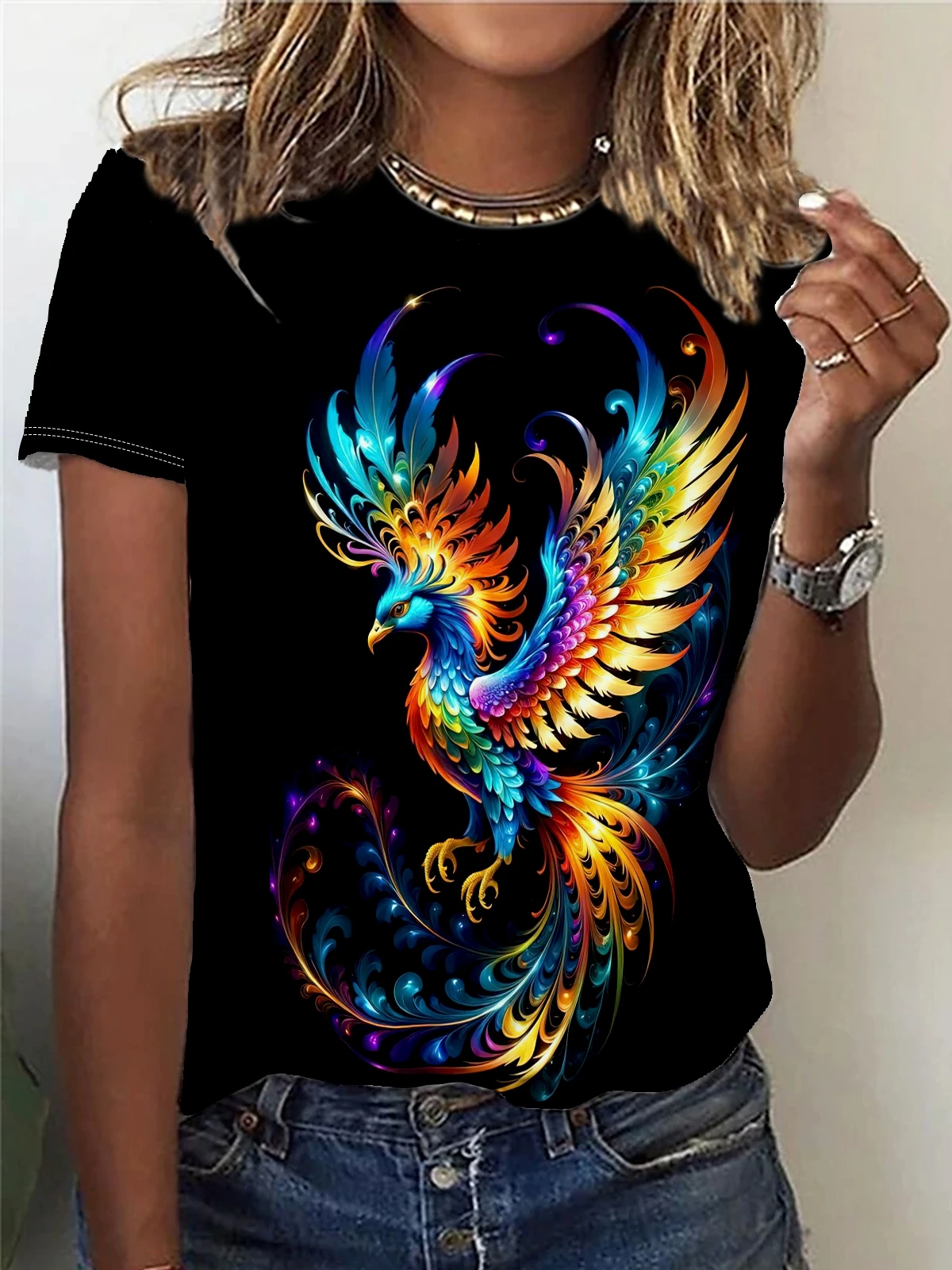 Camiseta colorida con estampado de Fénix para mujer, Top informal de manga corta con cuello redondo para primavera y verano