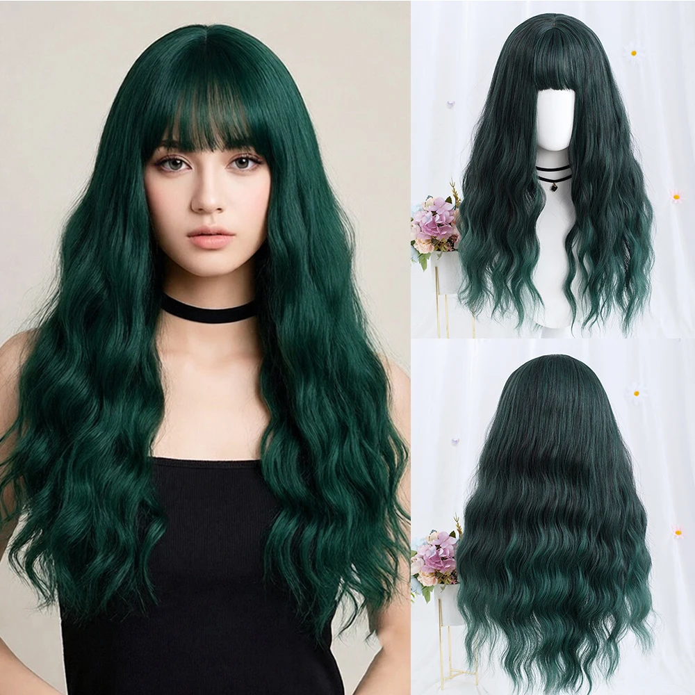 

Synthetic Long Wavy Dark Green Wig with Bangs Perfect for Cosplay Gothic Fashion & Themed Events Party Fake Hair