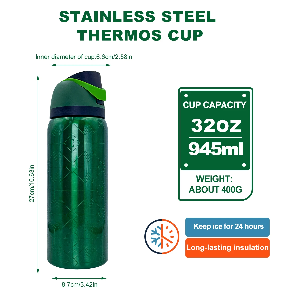 Owalaa emerald flash 32oz/945ml stainless steel insulated water bottle with straw,for daily sports outdoor,perfect gift