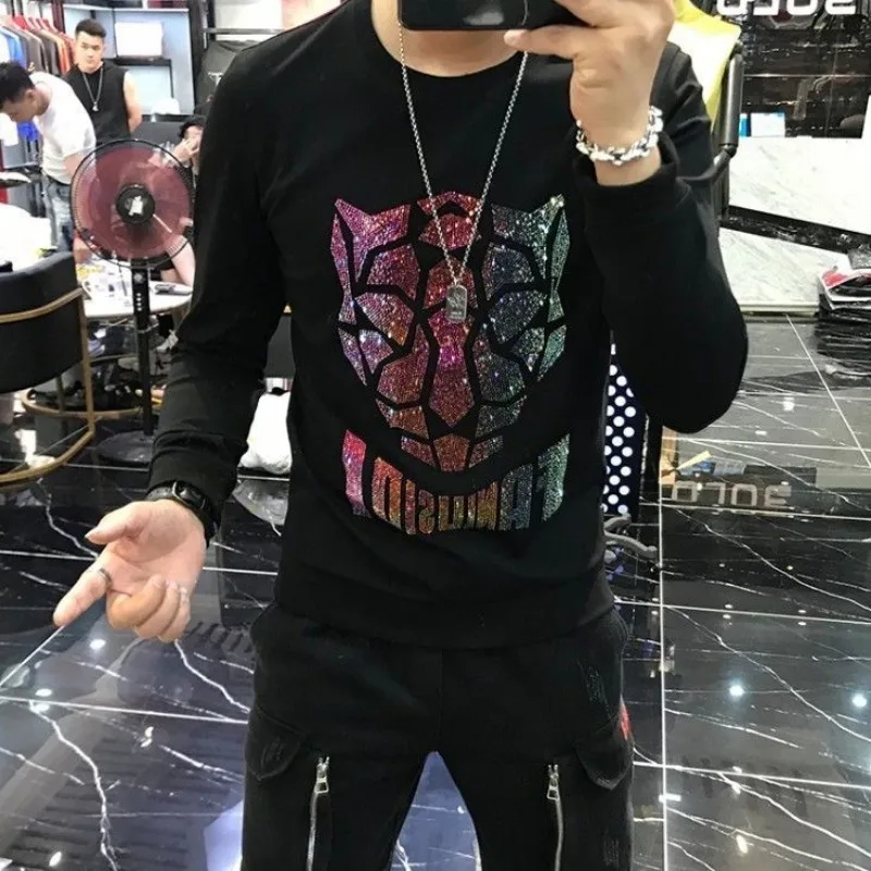 

Men's Clothing Spring and Autumn high quality Distinctive Leopard Head Hot Drilling Slim-fit Casual Long-sleeved T-shirts