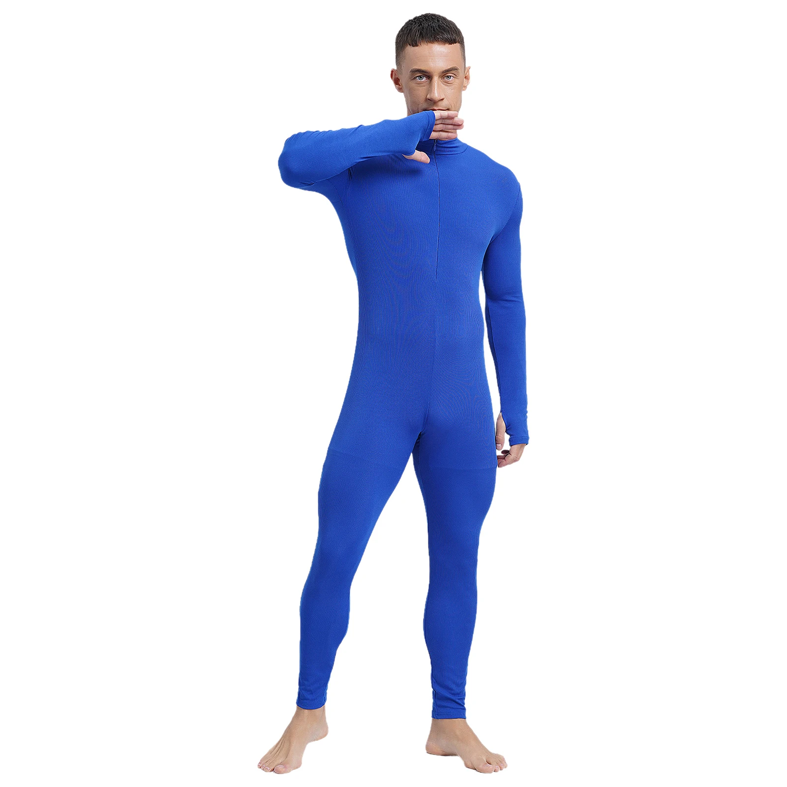 Mens Gymnastics Ribbed Unitard Solid Color Long Sleeve Front Zipper Full Length Leotard Workout Yoga Athletic Jumpsuit Sportwear