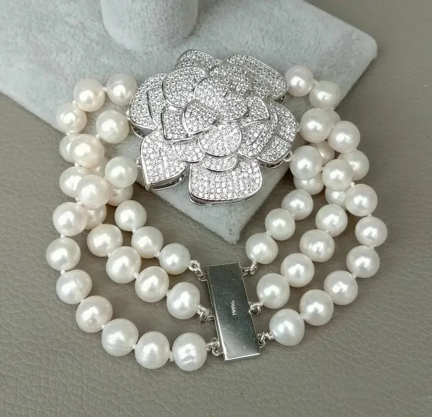 

3rows White freshwater Pearl 18k White Gold Plated Cz pave Flower Bracelet