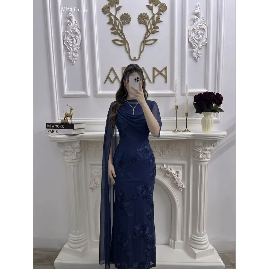 

Mina Customized Blue Long Dresses for Special Occasions Elegant Women's Dresses Fish Tail Saudi Women's Evening Dress Round Neck