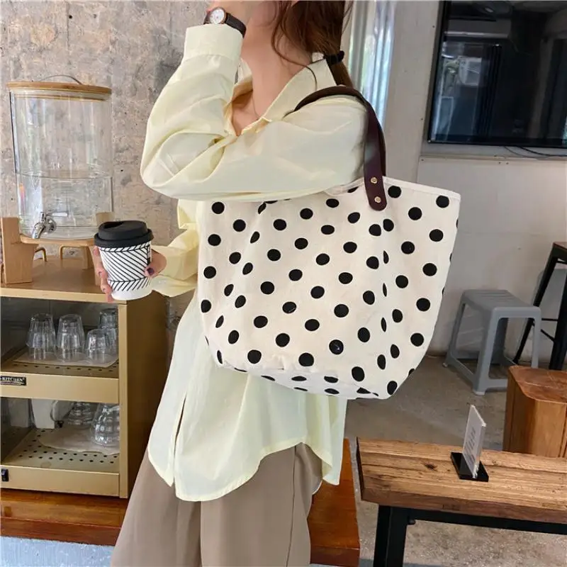 Handy Polka Dot Canvas Totes for Women Ideal for Various Shopping Needs in Two Sizes