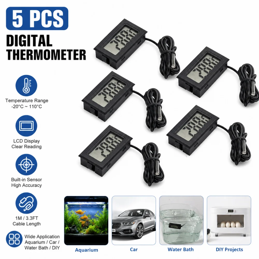 5PCS FY-10 Mini LCD Digital Thermometer, Built-in Temperature Tester, Aquarium/Car/Water Bath Temperature Sensor, Temperature Monitor, Built-in Temperature Sensor, 1M Cable Length