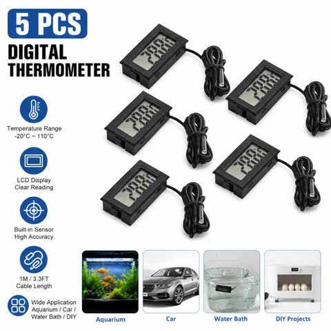 5PCS FY-10 Mini LCD Digital Thermometer, Built-in Temperature Tester, Aquarium/Car/Water Bath Temperature Sensor, Temperature Monitor, Built-in Temperature Sensor, 1M Cable Length