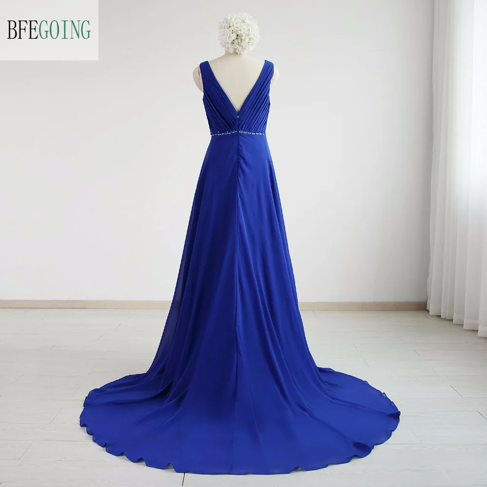 Blue Chiffon Beading  High /Low Wedding Dresses Chapel Train V-Neck Sleeveless Floor-Length A-Line  Bridal Gowns