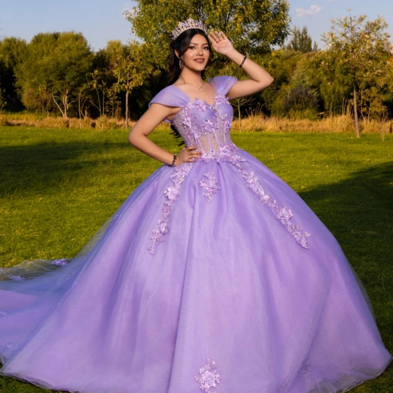 

Light Lilac Shiny Quinceanera Dresses Off The Shoulder Applique Lace Beads Tull Party Birthday Sweet 16 Dress Vestidos 15 De