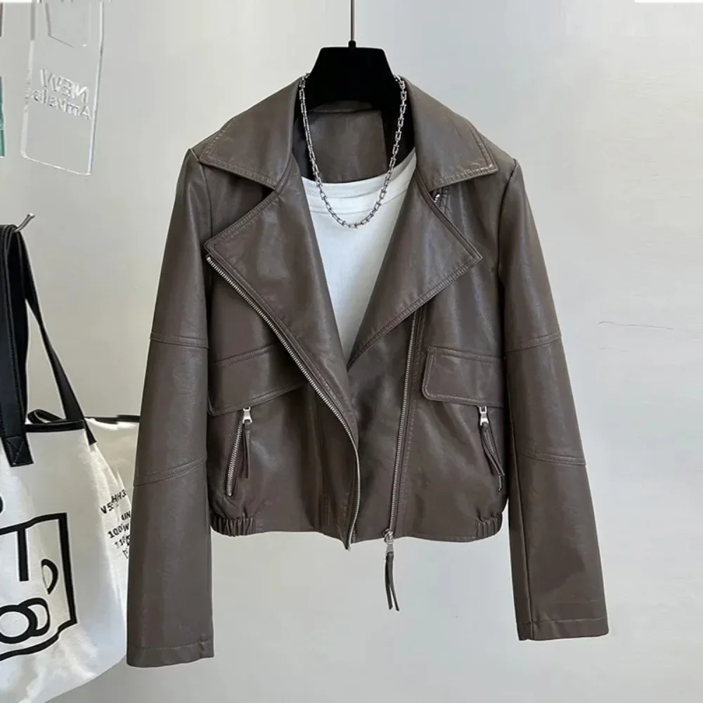 New Spring Autumn Vintage Faux Leather Jacket Women Brown Moto Biker Leather Coats Casual Streetwear Zipper PU Outwear