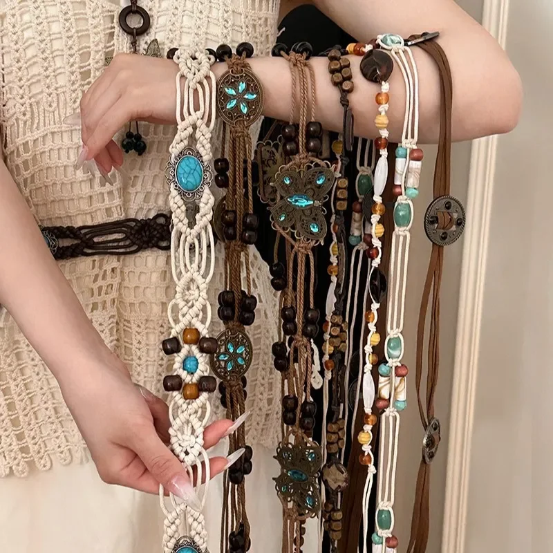 2026 Acrylic Geometric Round Rice Bead Woven Rope Waist Chain Retro Ethnic Style Belt Fashion Niche Design Waist Accessories