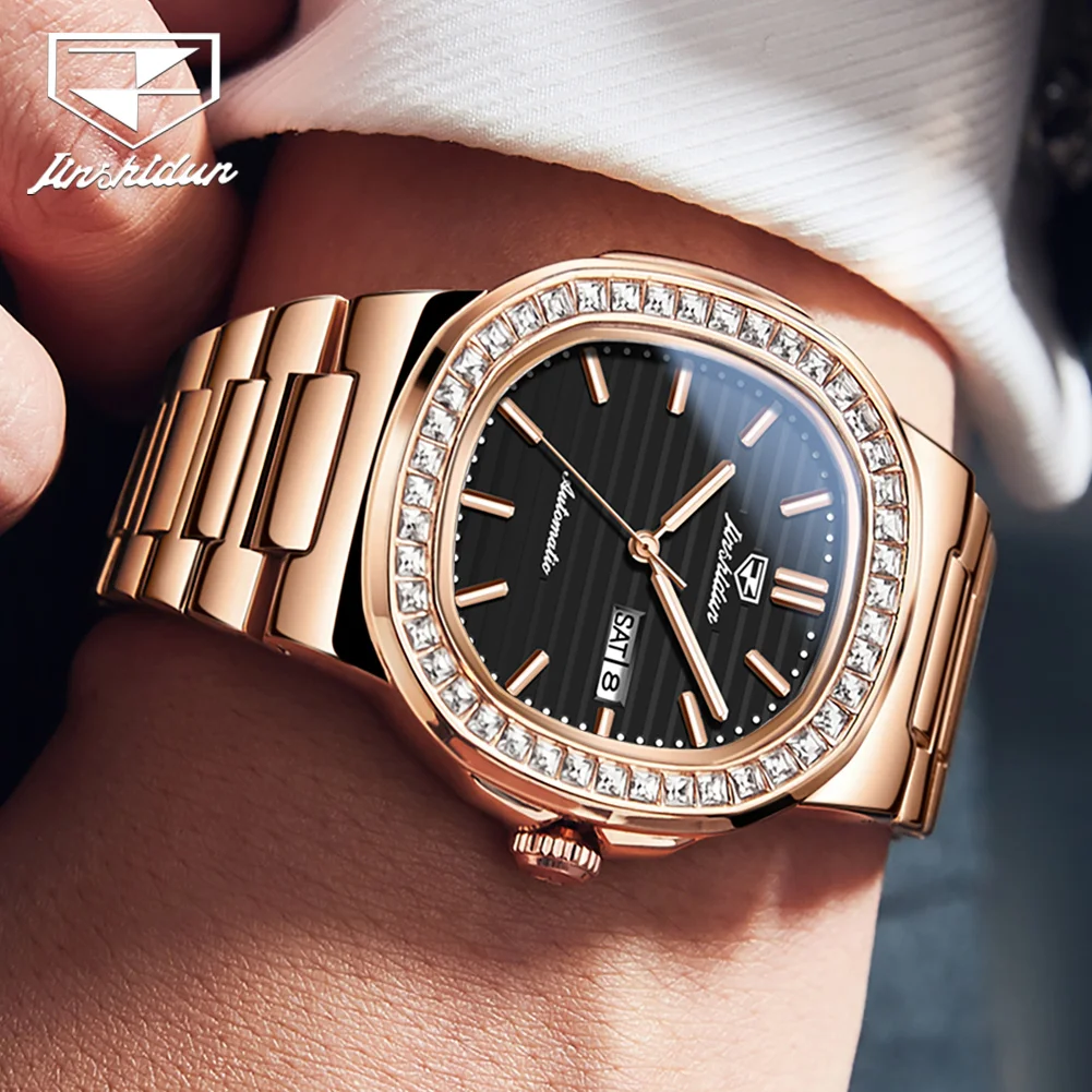 JSDUN 8953 Luxury Mechanical Watch for Men Square Design Fashion Trend Calendar Stainless steel Strap Luminous Man Watches