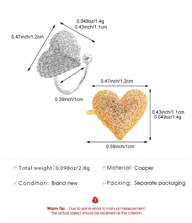 1pc Delicate Heart Zircon Ear Cuff for Women No Piercing Ear Clip Jewelry Ladies Elegant Wedding Earring Gifts Accessories
