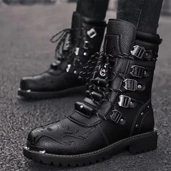Men's Motorcycle Boots Outdoor Boots Four Season Fashion Cycling Shoes High Top Mens Casual Boot PU Leather Boots Plus Size 46