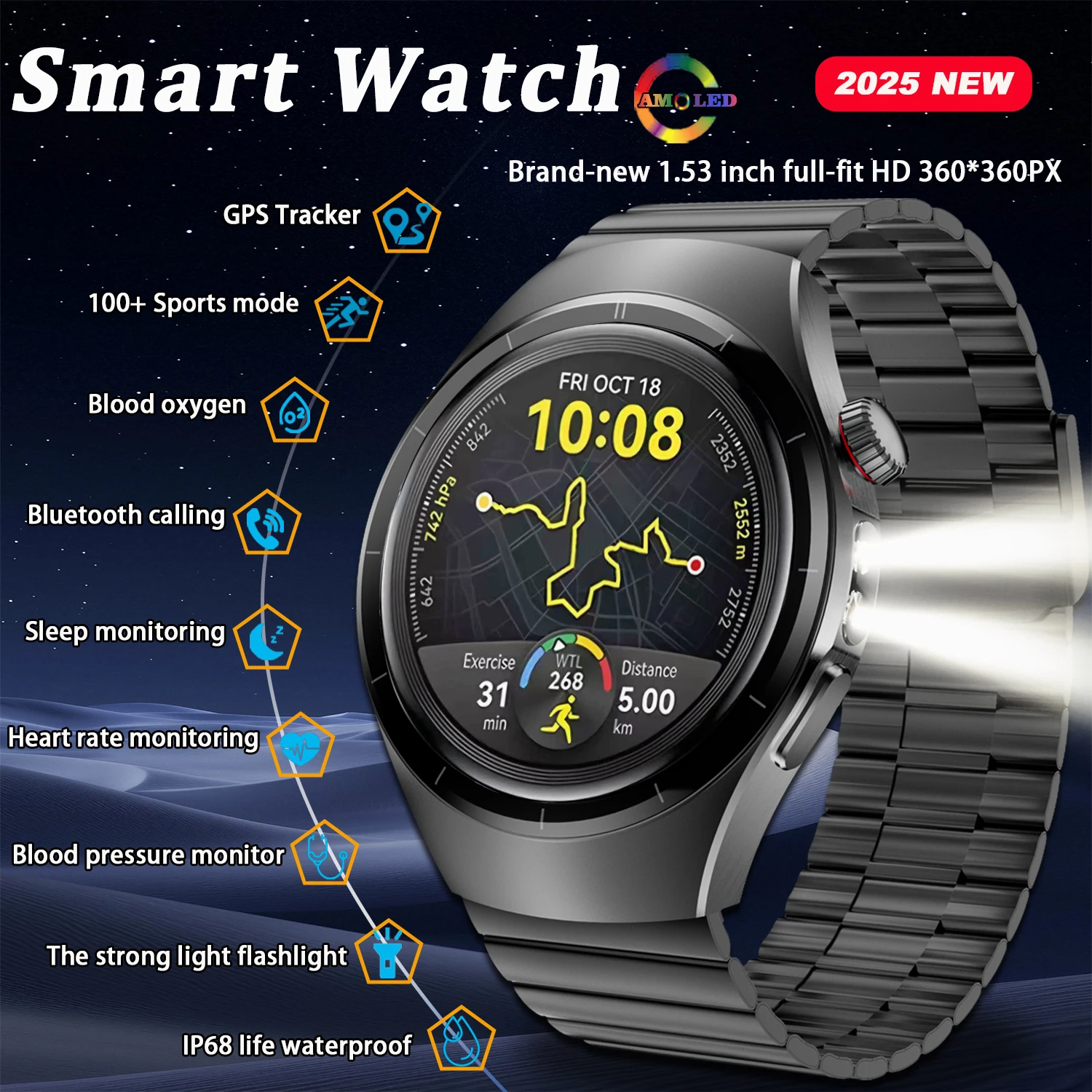 

Новинка 2024 года для SK45 Pro, умные часы для мужчин, AMOLED-экран, NFC, GPS, траектория движения, пульсометр, Bluetooth-звонки, умные часы, водонепроницаемые