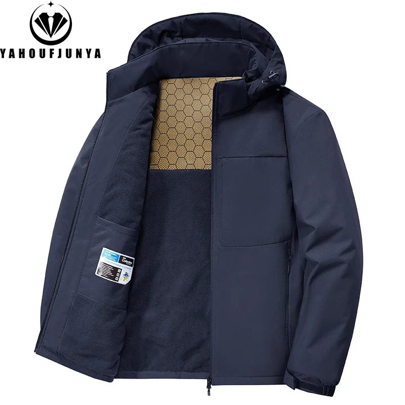 Winter Men Fleece Warm Outdoor Windproof Detachable Hooded Jacket Men Solid Zipper Waterproof Casual Fashion Jacket Male Coat