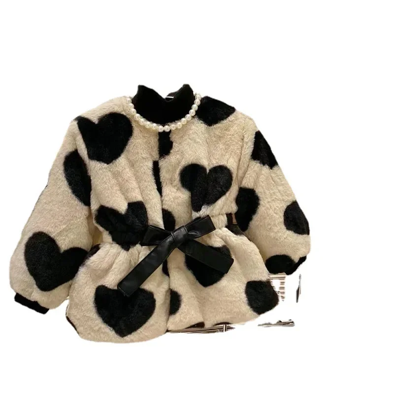 Girls\' Coat Love Beaded Wool Thickened Cow Warm Coat Jacket 2023 Winter New Fashion Children\'s Outwear Cardigan