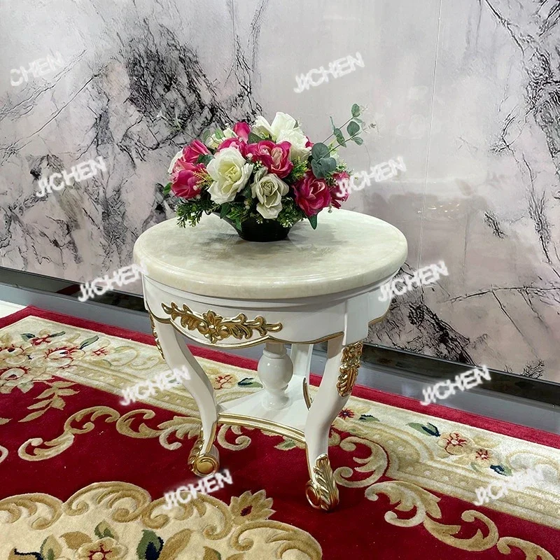 

HZ French Solid Wood Small Coffee Table, European Living Room Sofa Edge Furniture, Neoclassical Marble Veneer Small Round Table