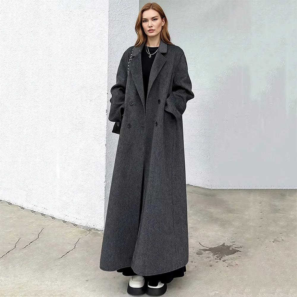 New Women Loose Daily Double-Faced Wool Coat Autumn Winter Fashion Turn-down Collar Double Breasted Casual Long Woolen Coat