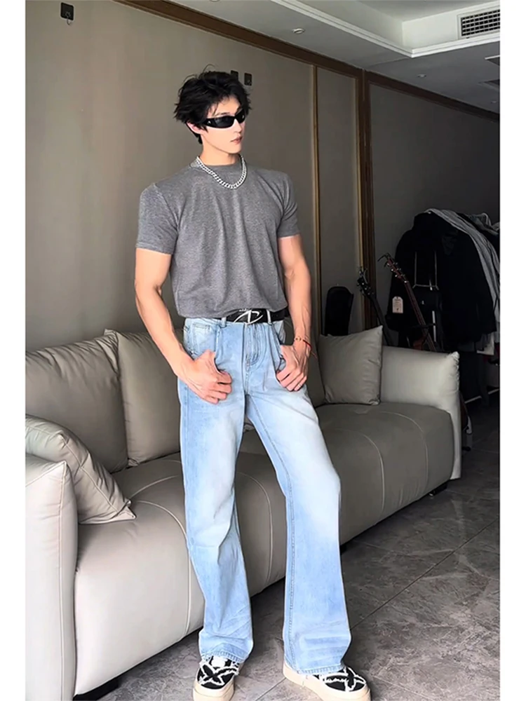 

Ice Blue Waed Vintage Men's Jeans High Waist Flared Straight Leg Denim Pants American Vibe Youth Faion Wear Resistant