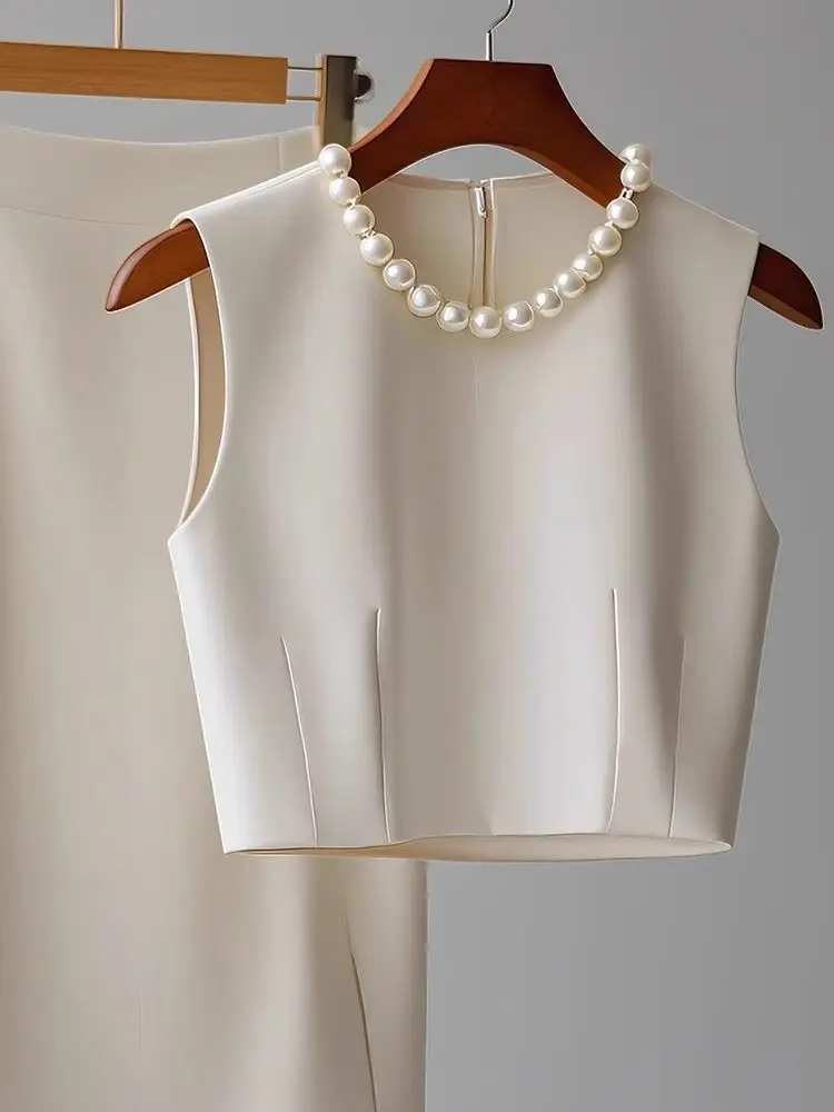 Shpmishal Elegant Xiaoxiang Style Set Skirt Summer Three-Dimensional Nail Bead Vest Paired With Half Skirt Two-Piece Set