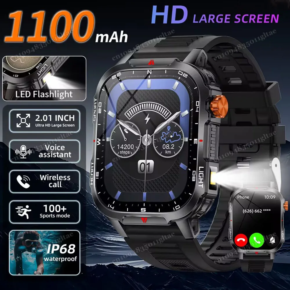 

Новые глобальные умные часы 2,01 дюйма, 1100 мАч, большая батарея, светодиодный светильник, компас, мужские спортивные часы на открытом воздухе, голосовой помощник, беспроводной вызов