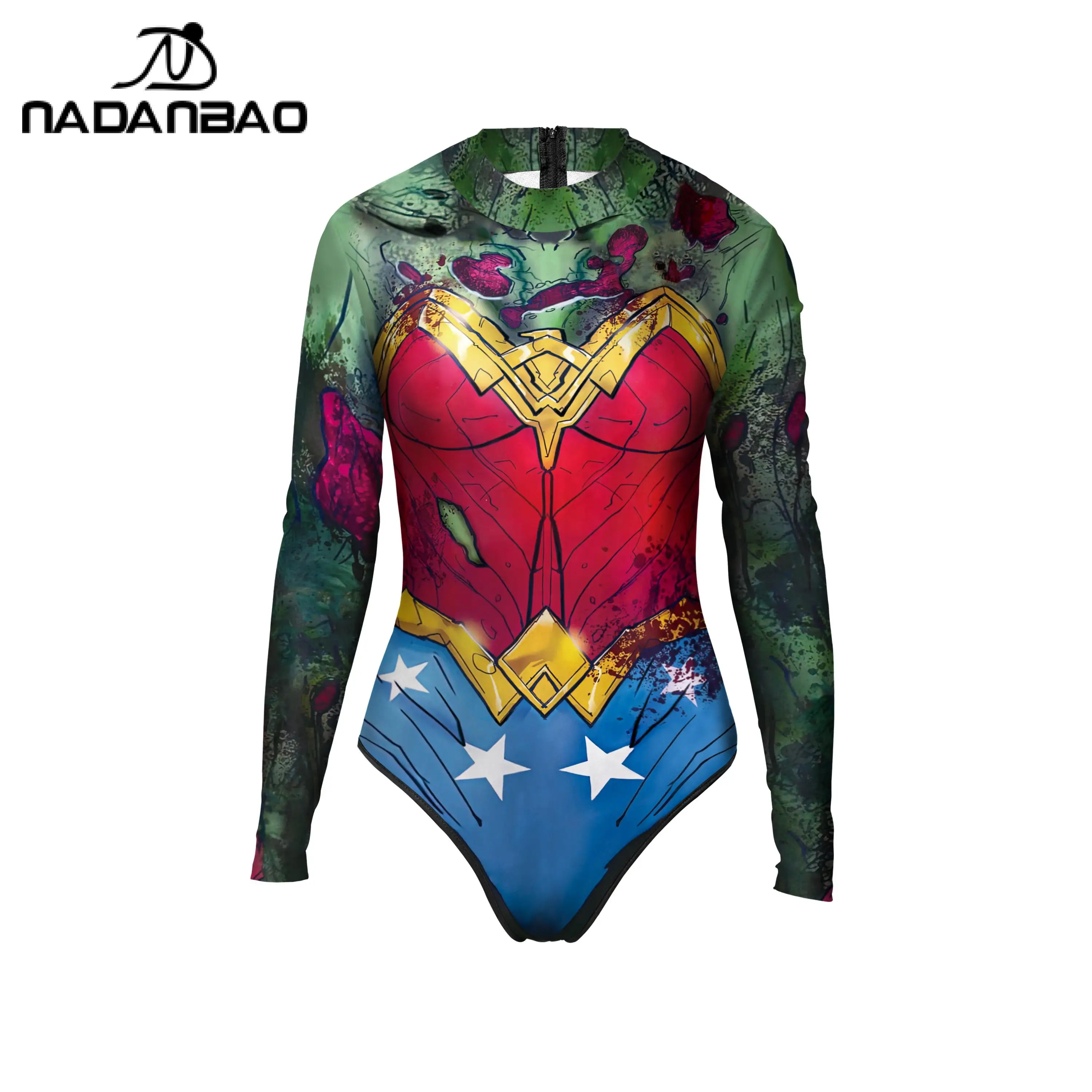 NADANBAO Summer Women Swimsuits One Piece Suits Halloween Print Party Female Bodysuit Long Sleeve Swimwear Surfing Beachwear