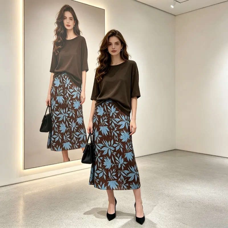 Miyake Pleated 2026 Original New French Elegant Printed Elastic Waist A-Line Mid-Length Blue Coffee Color Women's Dress Pleat