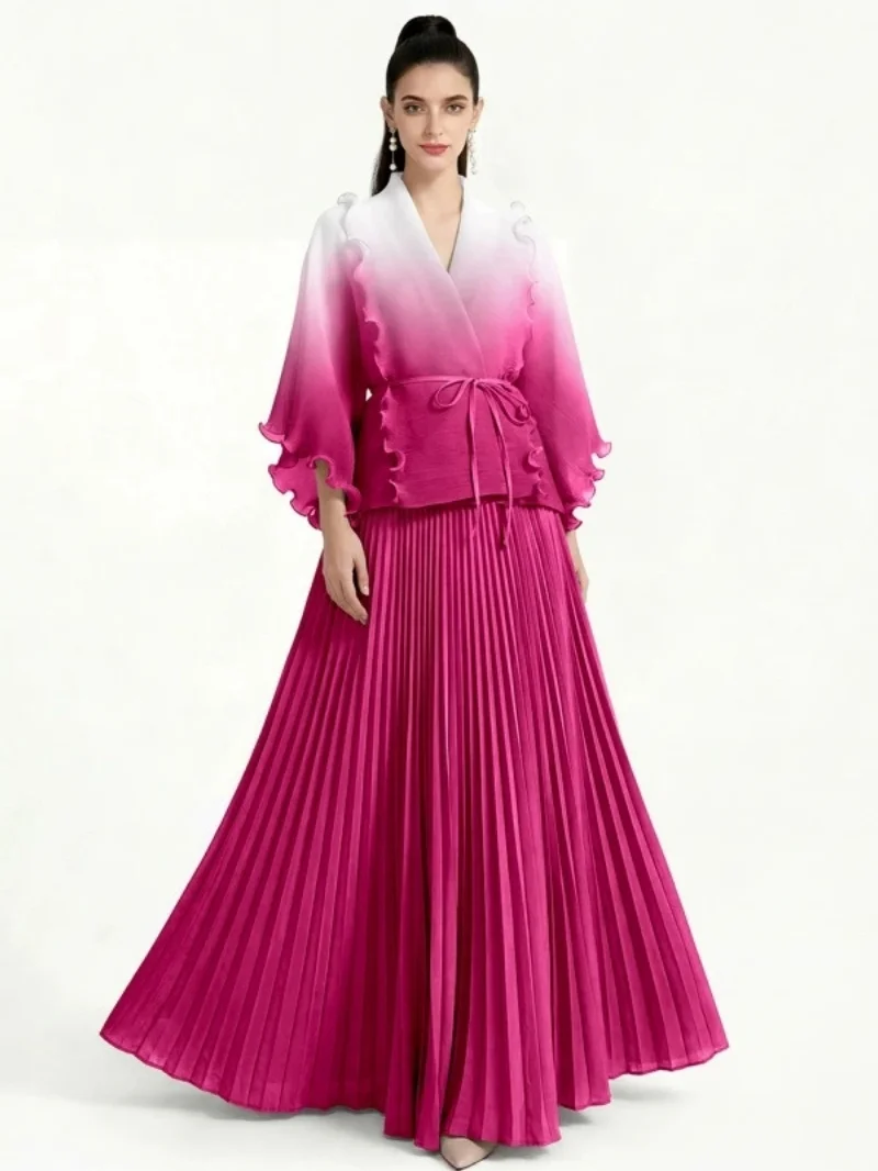Fashion Gradient 2 Piece Sets Women Outfit Autumn Clothing Women Full Sleeve Cardigan Top Long Skirt Suit Two Pieces Dress Sets