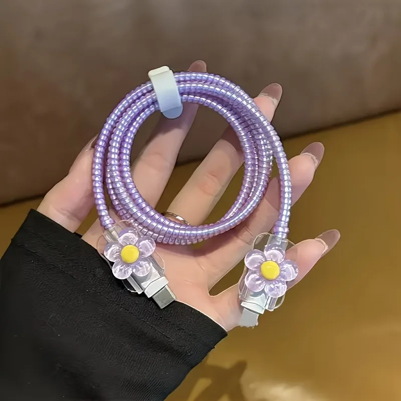 Purple Flower Shell Transparent Case For iPhone Charger Protective is Applicable For Samsung Type-C Data Head Protector Shell