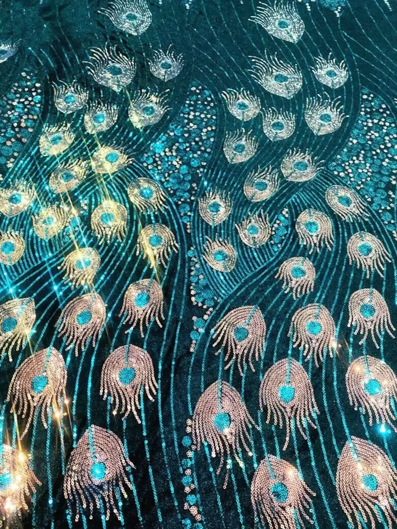 4 Colors Sequin Peacock feather Fabric sequin embroidery Fabric For Wedding Dress, Gowns, show dress stage costume