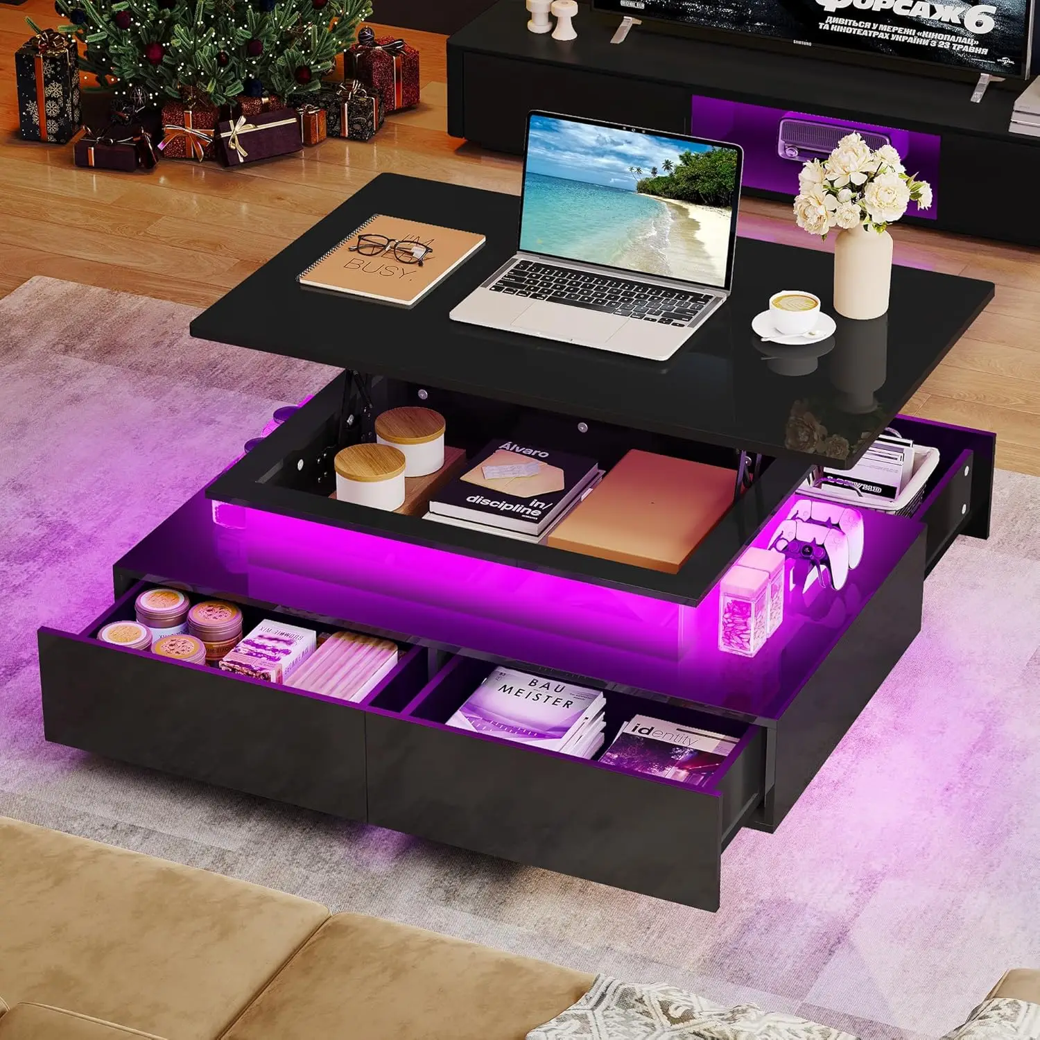 

Lift Top Coffee Table, Coffee Table with Storages for Living Room, Rectangular Coffee Tables with 4 Spacious Drawers, Black