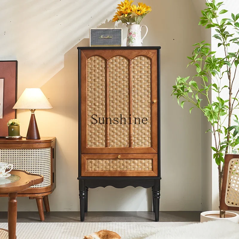 Medieval rattan woven solid wood dining side cabinet wabi-sandy wind black entrance storage cabinet