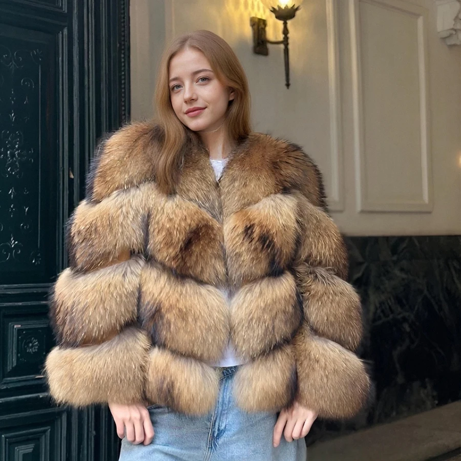 

Collarless Raccoon Fur Coat Women's Winter Jacket Genuine Raccoon Fur Coat High Quality Cropped Fur Jacket