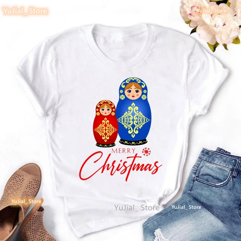 

Merry Christmas Russian Dolls Graphic Print Tshirt Women'S Clothing Summer Short Sleeve T Shirt Femme Harajuku Kawaii T-Shirt