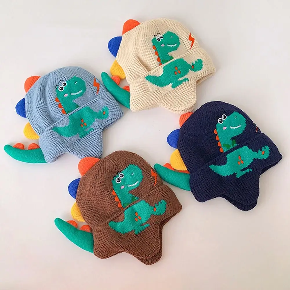 Windproof Cartoon Dinosaur Knit Beanie Hats para crianças, proteção de orelha, quente, fofo, bebê, inverno, moda