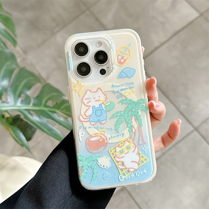 الصيف لطيف القط تهز حامل حامل جراب هاتف مغناطيسي آيفون 16 برو 14 15 برو ماكس 14 برو 16 برو ماكس غطاء حالات ل Magsafe #2