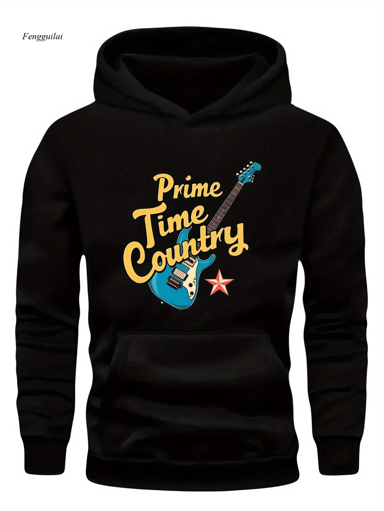 Prime Time Country grafische hoodie - levendig rood gitaar- en sterrenontwerp, loszittende casual trui, wasbaar in de machine