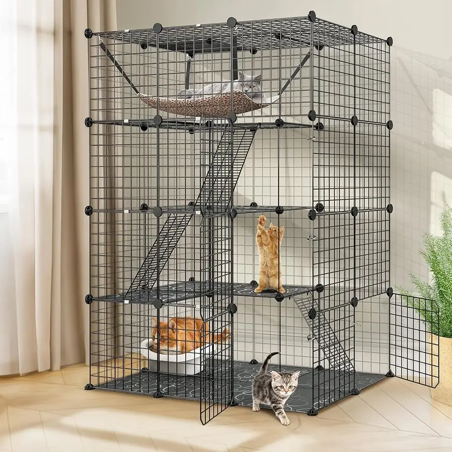 

4-Tier Cat Cage Indoor Enclosure DIY Cat Playpen Metal Kennel with Extra Large Hammock, Catio Ideal for 1-3 Cats, Ferret, Chinch