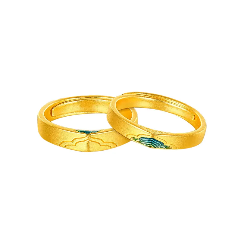 9999 24K Real Gold The Journey of a Legendary Landscape Painting Pair Ring Couple Lovers Rings Adjustable Enamel