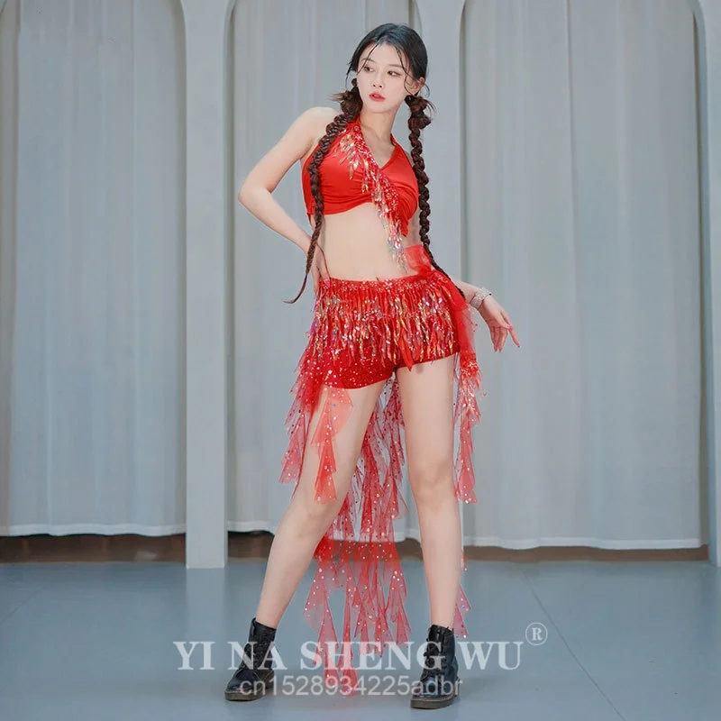 Conjunto de cinturón y sujetador con mariposa para danza del vientre, falda hasta la cadera con flecos de lentejuelas latinas, traje de fiesta Sexy con borlas puesta en escena